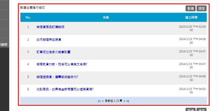 紅框:問與答列表與上方的新增、排序連結看列表