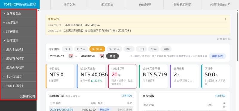 紅框：左側選單的九個群組展開選單群組